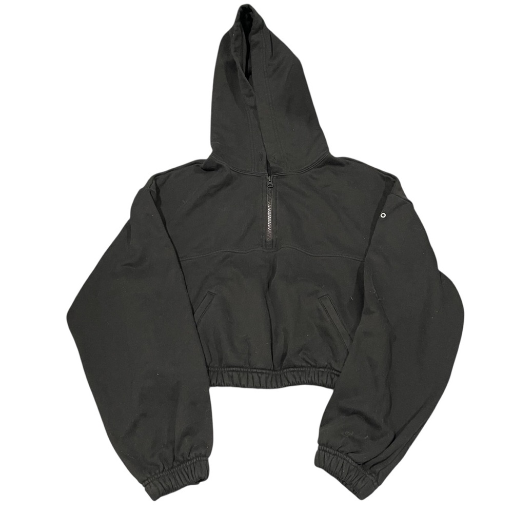 ALO Yoga Black Half Zip-Up cropped pullover hooded sweatshirt Jacket